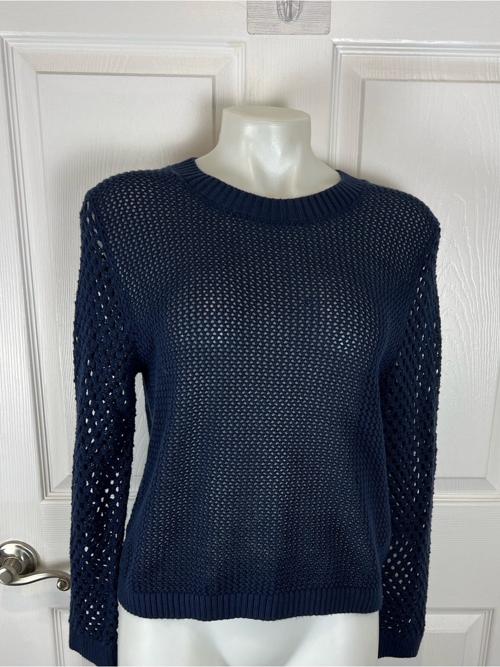 J.Crew navy crewneck crochet open knit sweater summer beach Small